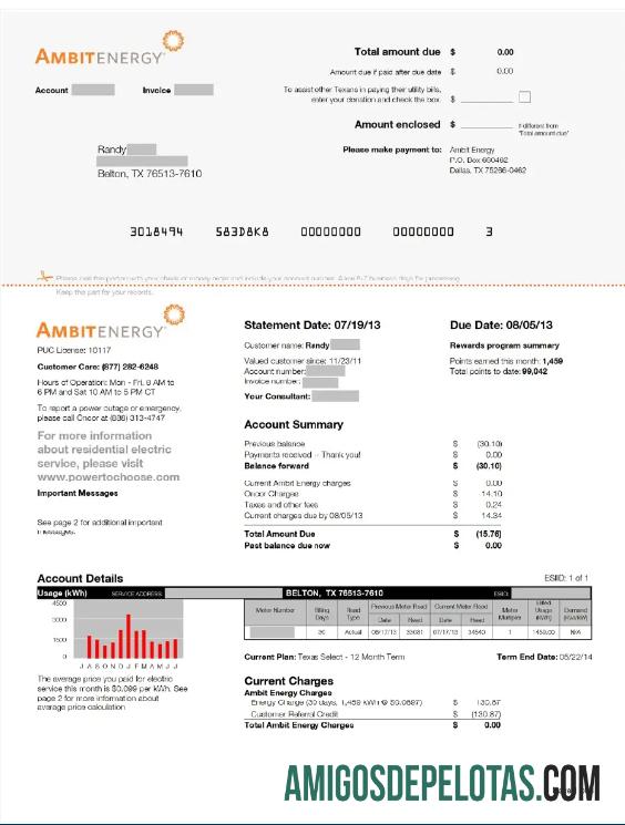 realista Modelo de projeto de lei de serviços públicos AMBIT ENERGY dos EUA e modelo PDF
